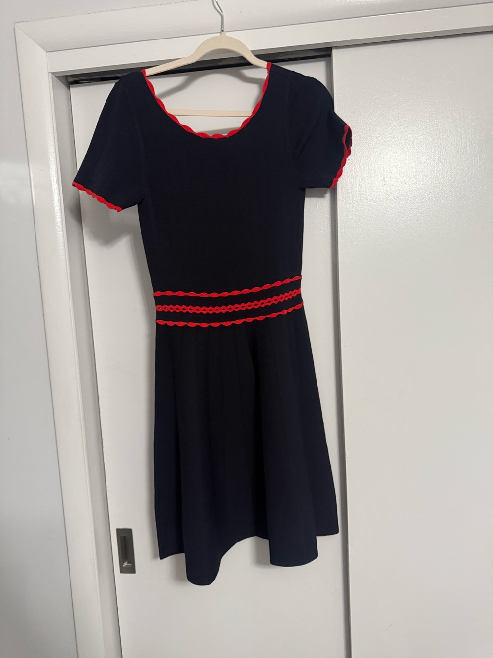 Large Sandro Black Knit Top with Red Scalloped Trim